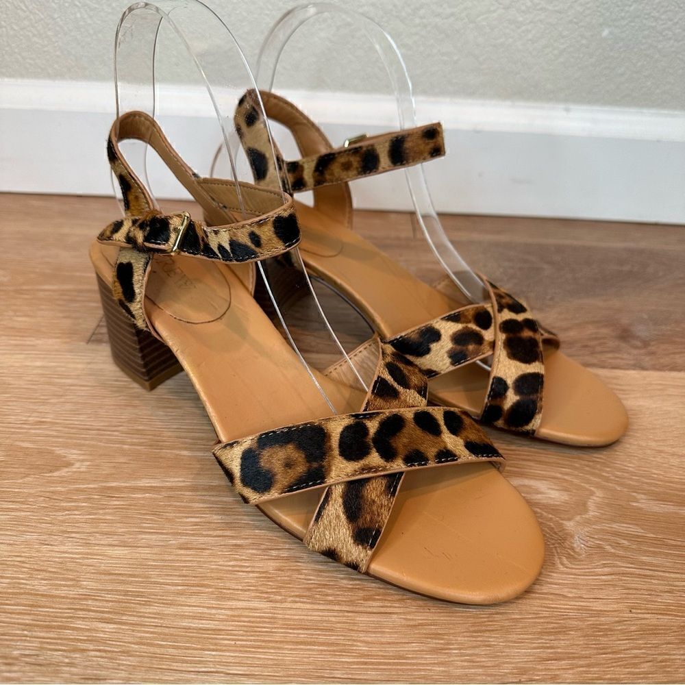 J. Crew Leopard Calf Hair Strap Chunky Heeled Sandals, Size 8.5